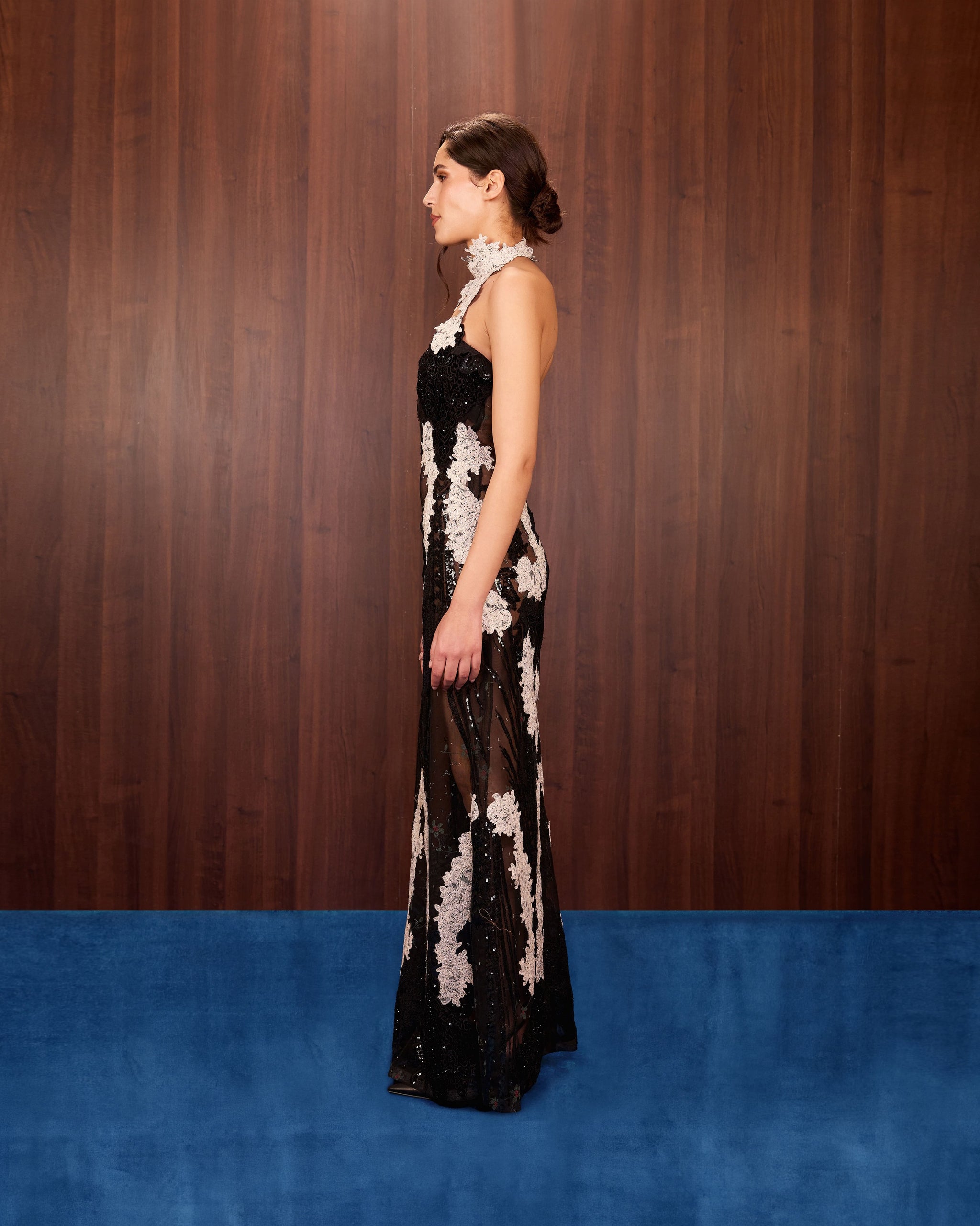 Contrast Lace Halter Gown