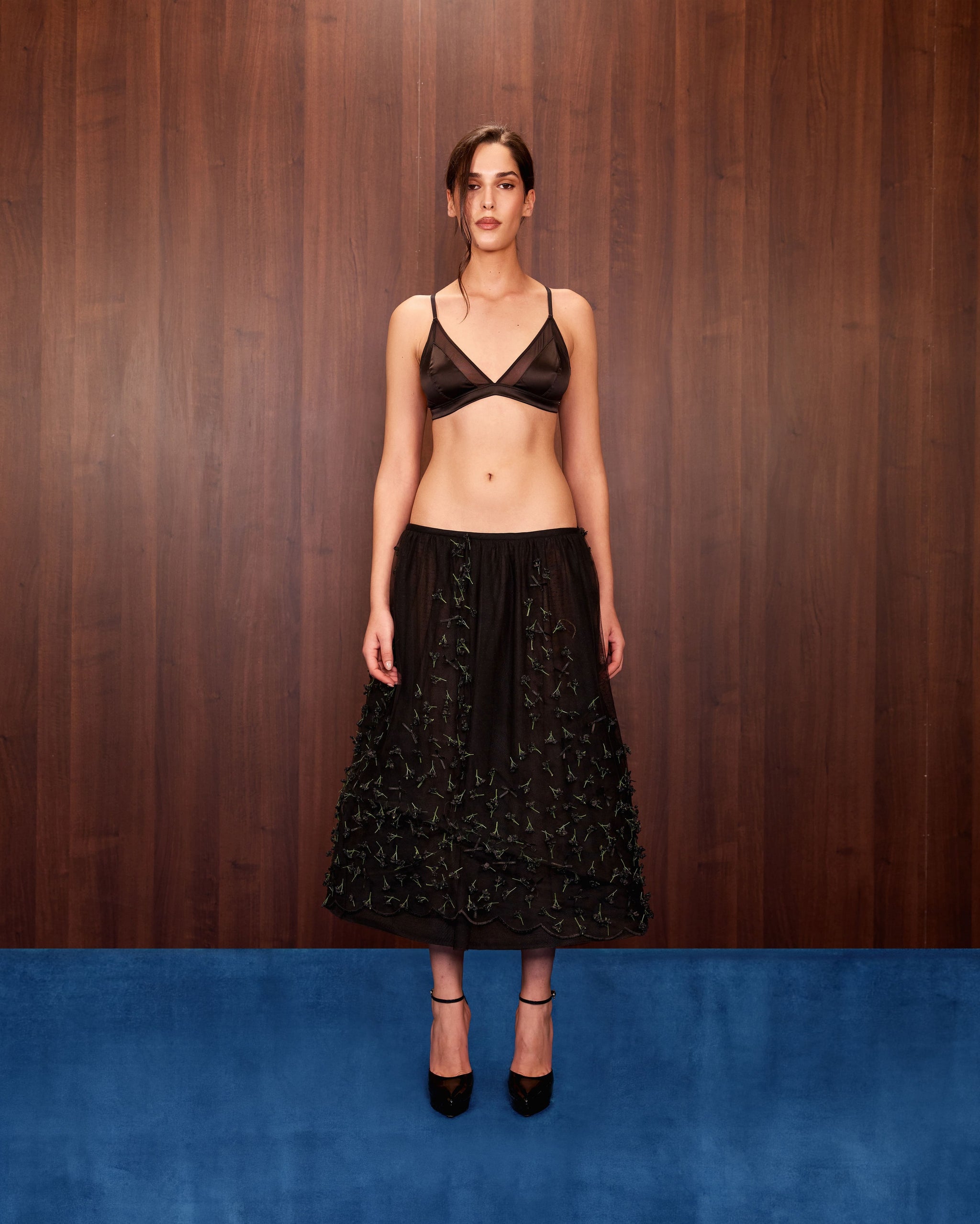 Low-Waist Floral Appliqué Midi
