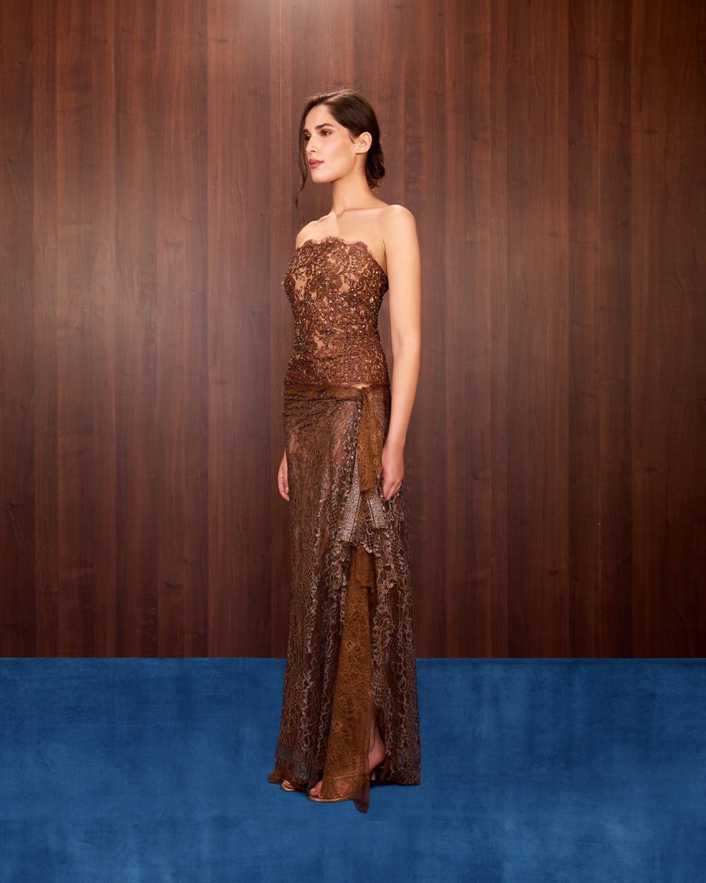 Mocha Beaded Lace Strapless Top