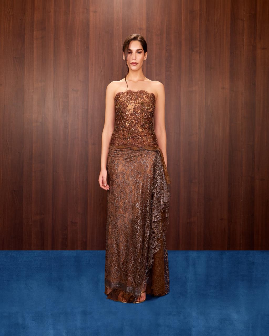 Mocha Beaded Lace Strapless Top