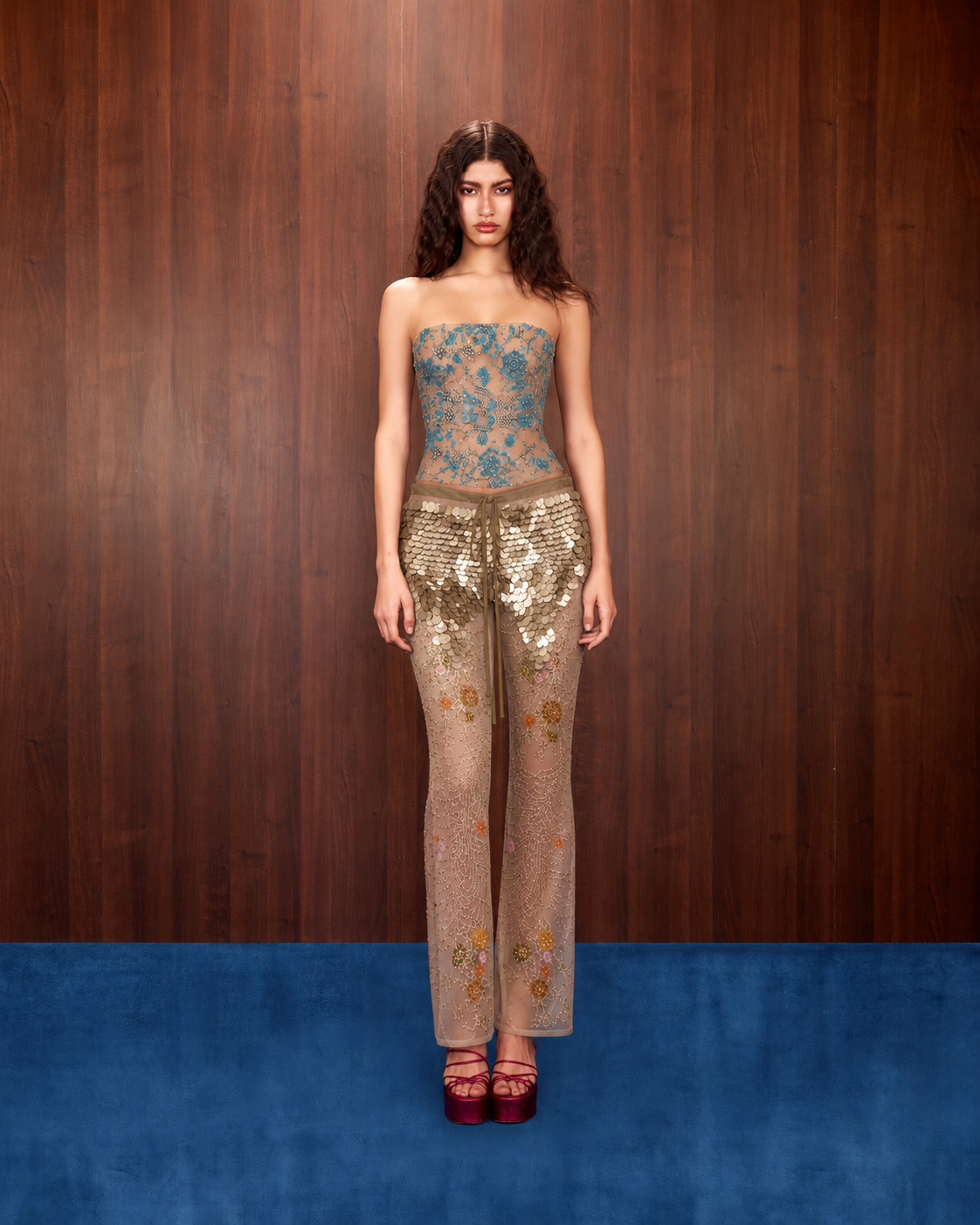 Floral Embroidered Paillette Pants