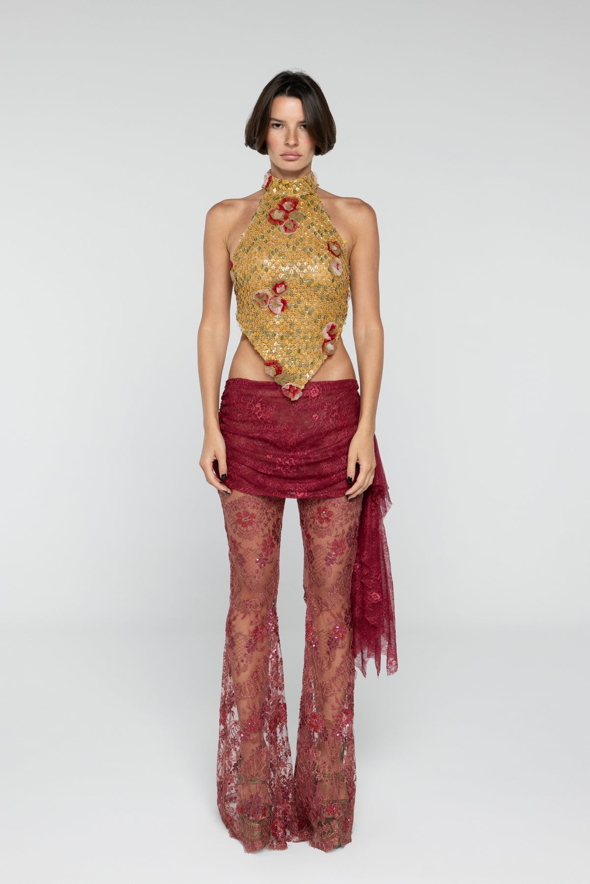 Red Slip Embroidered Tulle Pants