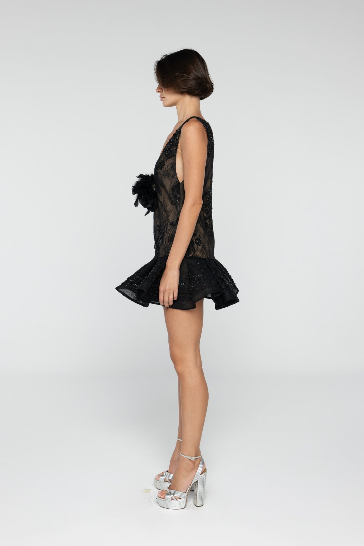 Onyx Feathered Lace Dress